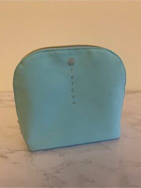 Tatcha Aqua Blue Canvas Makeup Pouch with Gold Accent